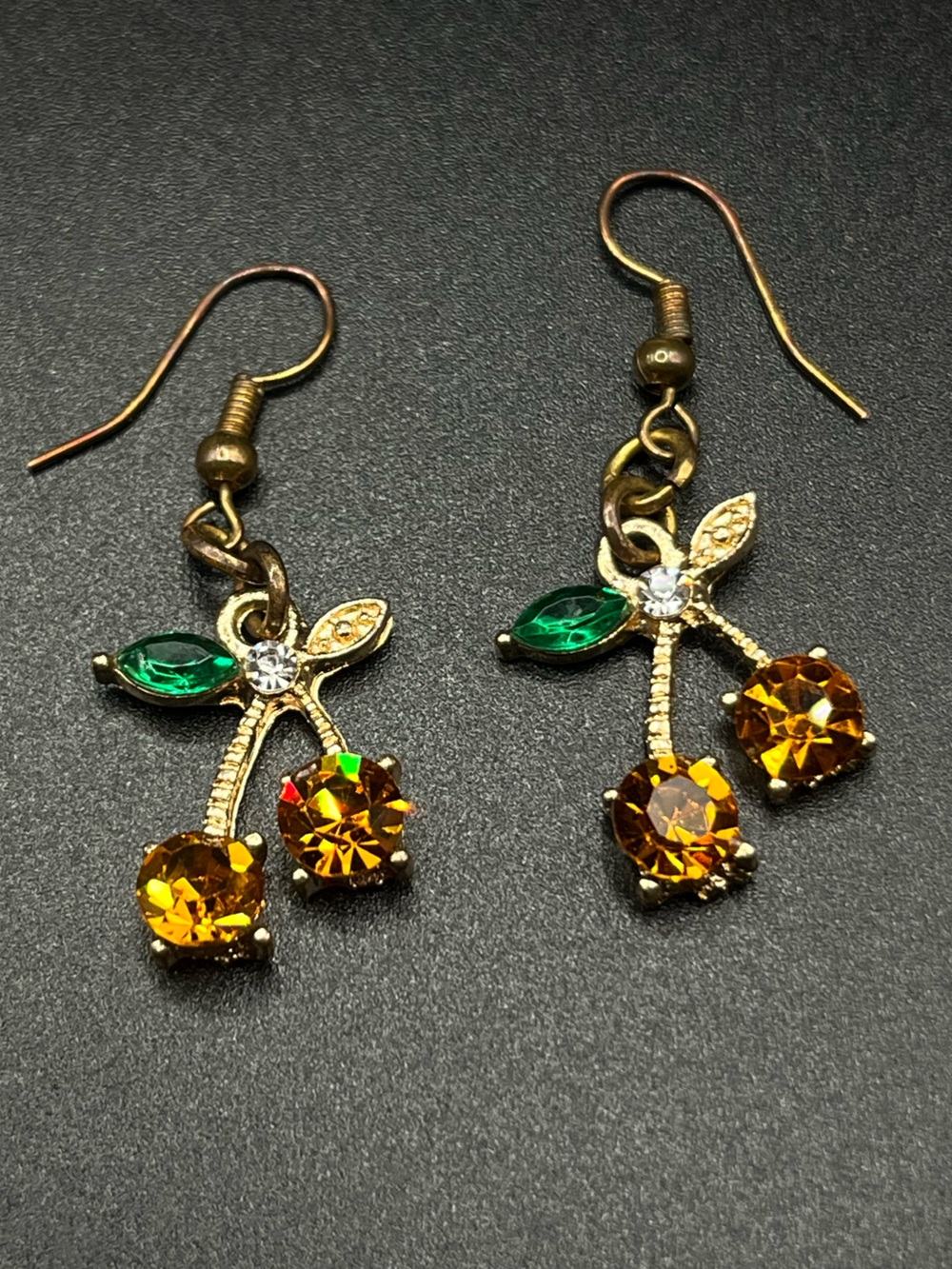 Vintage Gold Cherry Drop Earrings with Amber and Green Crystals